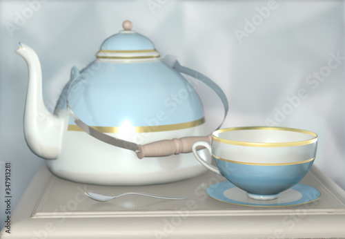 3d illustration on tea kettle on the beside table with copy space