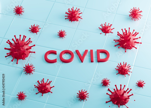 3d render illustration. Volumetric red inscriptione COVID and 3d model virus  . Concept, template design layout for combating the coronovirus pandemic COVID-19 for World Health Organization WHO . photo