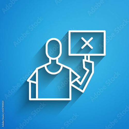 White line Nature saving protest icon isolated on blue background. Earth planet protection, environmental issues demonstration. Long shadow