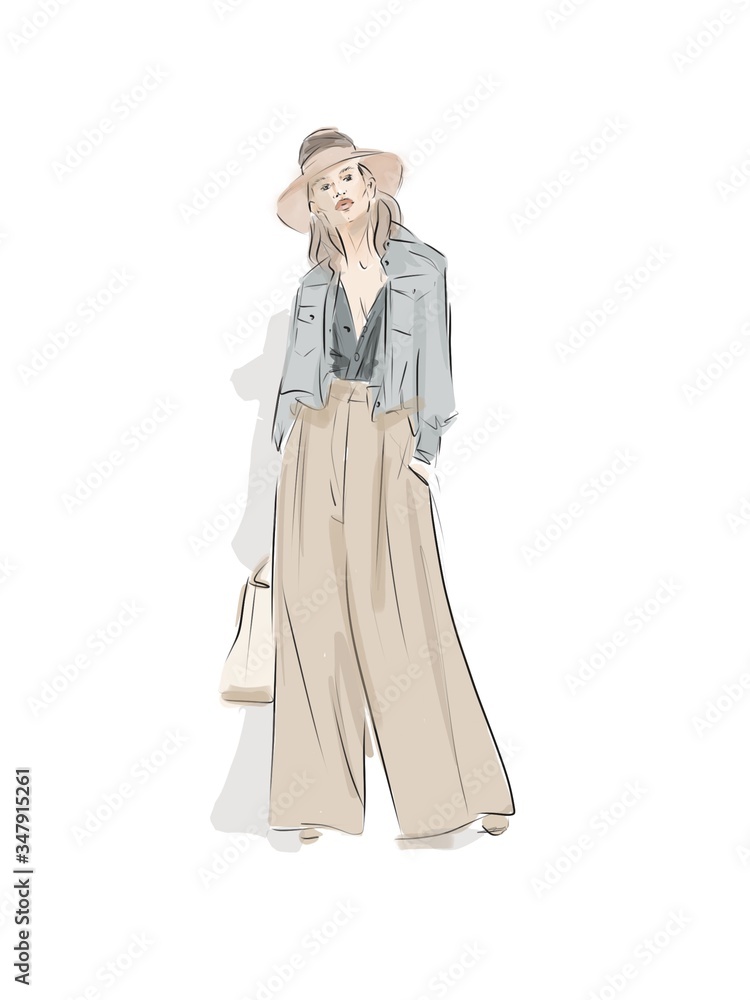 Stylish girl in fashion clothes with bag Hand drawn beautiful girl Fashion woman Sketch illustration.
