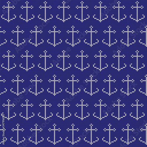 Anchor. Marine ornament. Vector seamless pattern. Knitting. Blue and white pattern