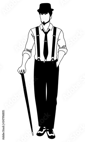 old-fashioned faceless man walking with a cane