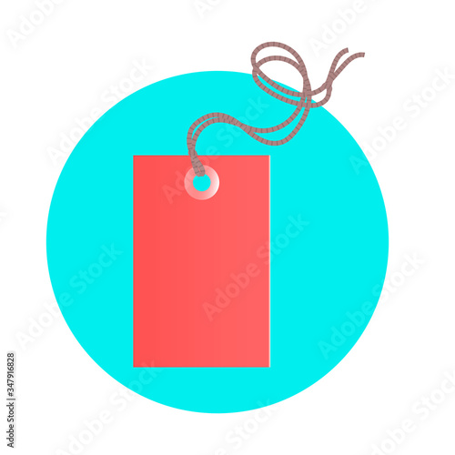 Illustration of a commodity red tag with a rope. Sale or discount. Vector illustration on a blue round background.