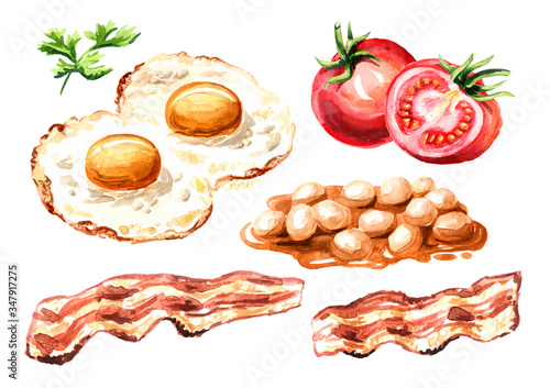 Traditional english breakfast with fried eggs, becon pieces, fresh timatoes and  beans in the sauce set. Hand drawn watercolor illustration isolated on white background photo