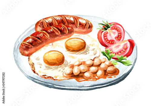 Traditional english breakfast with fried eggs, sausages, beans and fresh tomatoes. Hand drawn watercolor illustration isolated on white background photo