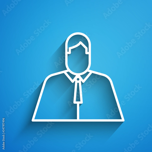 White line Lawyer, attorney, jurist icon isolated on blue background. Jurisprudence, law or court icon. Long shadow