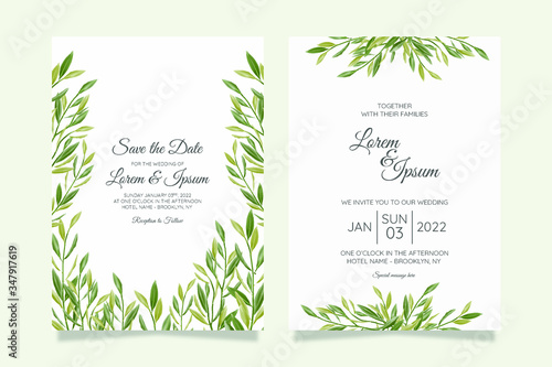 Beautiful premium wedding invitation card template set with floral frame