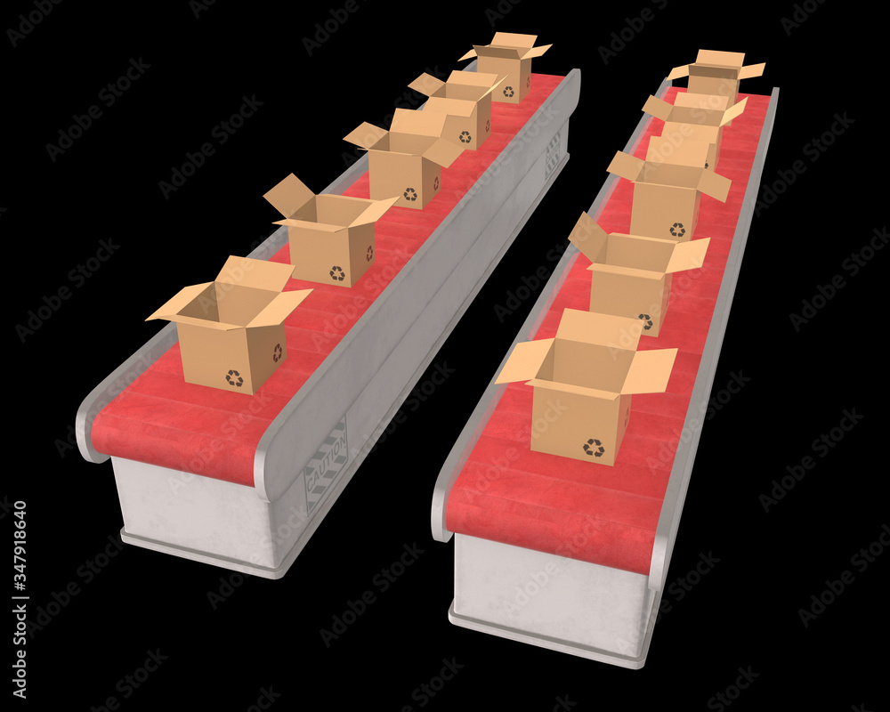 Conveyor belt section with open boxes. Factory production equipment. 3d render on black background.