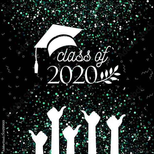 Class of 2020 graduate banner with hat, laurel, hands with thumbs up sign as like on confetti background for invitation, greeting card, poster, postcard. Vector graduation template
