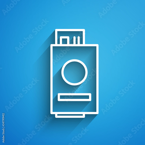 White line Passport with ticket icon isolated on blue background. Identification Document. Concept travel and tourism. Long shadow