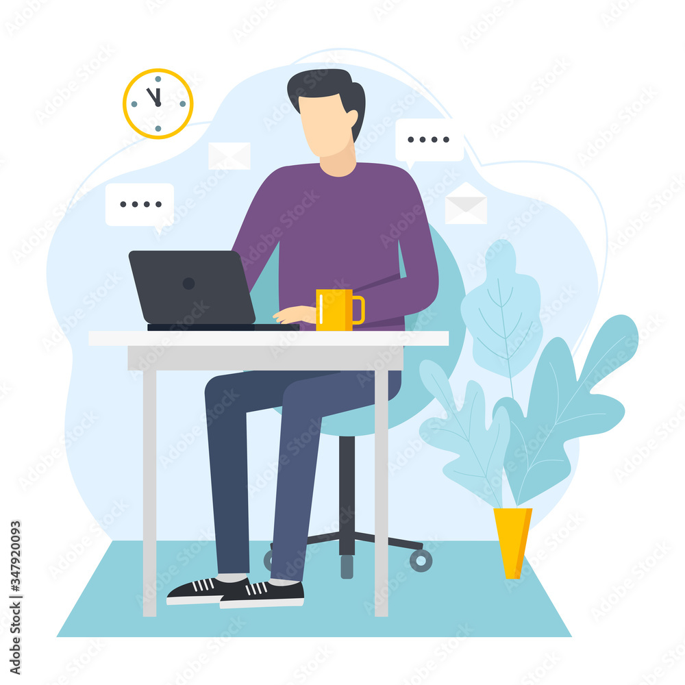 Office worker behind a desktop. Cartoon illustration of young man with laptop. Male working with her laptop and create new ideas. Office worker behind a desktop. Cartoon illustration of young man with laptop. Male working with her laptop and create new ideas.