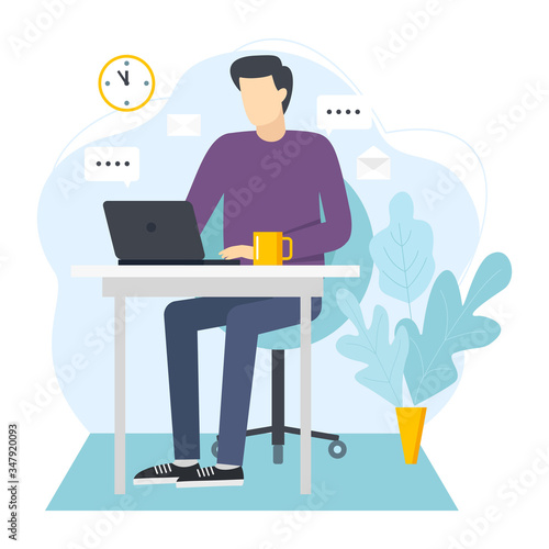Office worker behind a desktop. Cartoon illustration of young man with laptop. Male working with her laptop and create new ideas.
