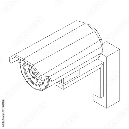 Modern video camera. Webcam viewing area. Safety, security concept. Wireframe low poly mesh vector illustration.