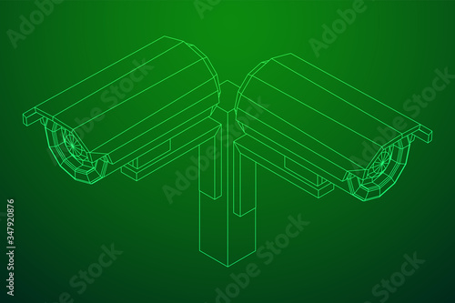 Modern video camera. Webcam viewing area. Safety, security concept. Wireframe low poly mesh vector illustration.