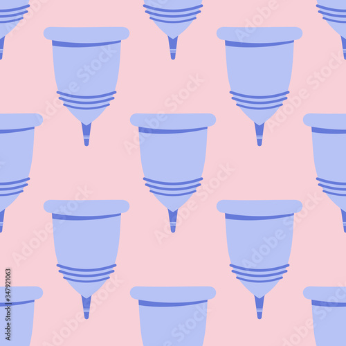 Menstrual cramp in period, seamless pattern use menstrual cup inside vagina. Zero waste feminine device. Menstuation womans period. Personal hygiene.