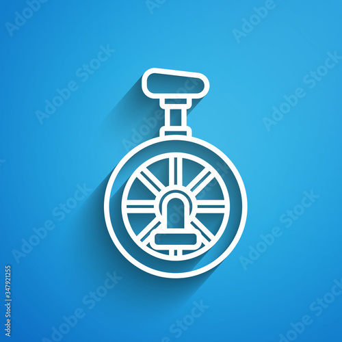 White line Unicycle or one wheel bicycle icon isolated on blue background. Monowheel bicycle. Long shadow