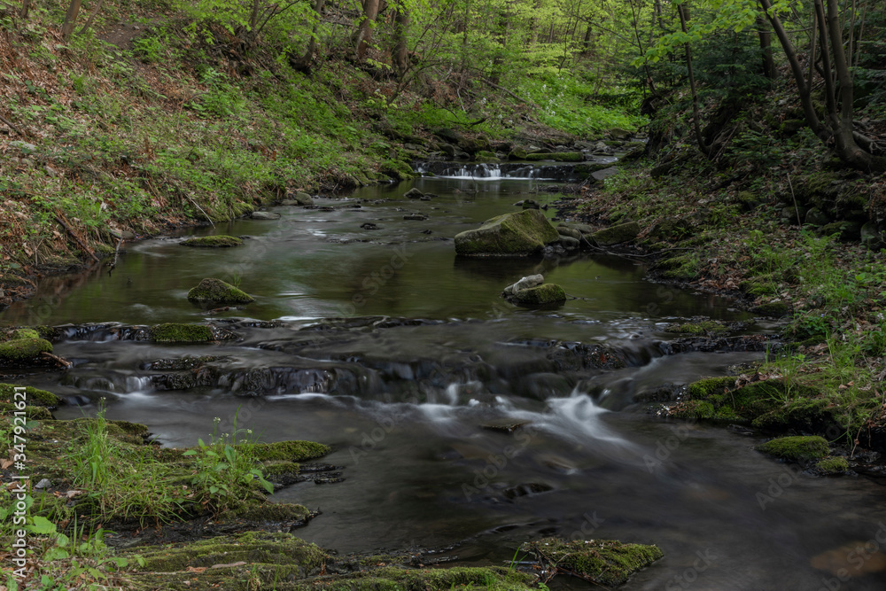 Lomna river in Trojanovice village in spring hot day Lomna river in Trojanovice village in spring hot day