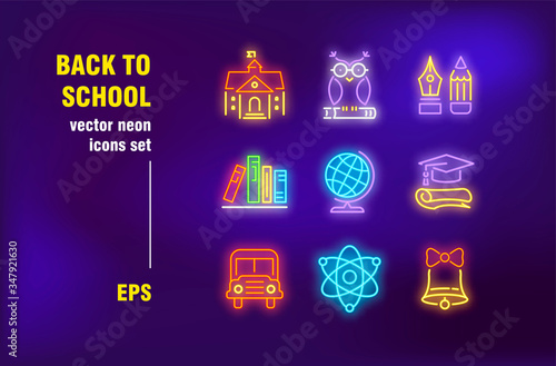 Back to school neon signs set. Glowing books, bus, graduation hat, globe, studying supplies. Night bright advertising. Vector illustration in neon style for educational banners, posters, signboards