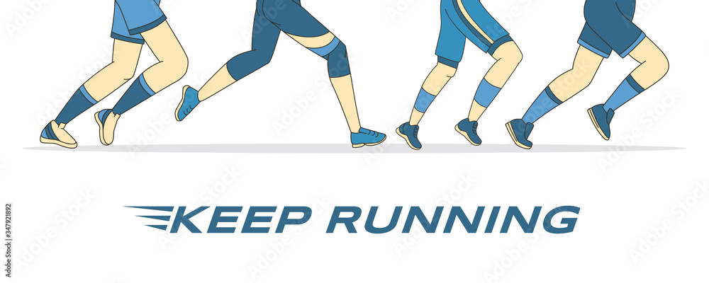 Keep training vector banner template. Running feet in sportswear and sneakers vector cartoon outline illustration. Keep training vector banner template. Running feet in sportswear and sneakers vector cartoon outline illustration.