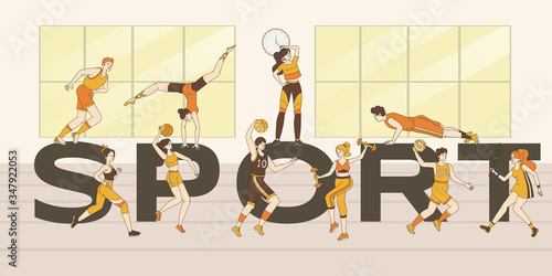 Sport word banner template. People doing sport exercises, fitness workout, playing sport games.