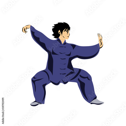 Young woman girl shows a wushu position stance. Vector illustration.