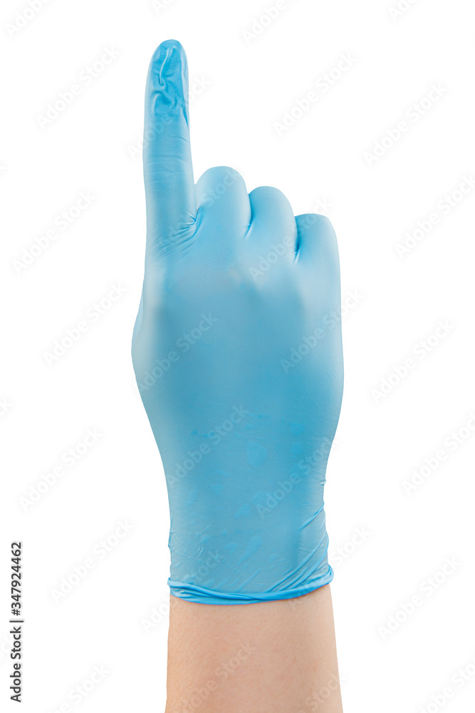 Male doctor hand in blue glove make gesture. Shot in studio. Isolated with clipping path on white background Male doctor hand in blue glove make gesture. Shot in studio. Isolated with clipping path on white background