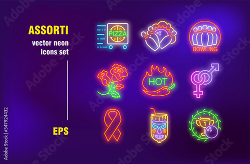 Leisure time neon signs set. Food delivery, bowling club, spicy food, ethnic bar, sex shop. Night bright advertising. Vector illustration in neon style for banners, posters, signboards