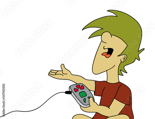 Cute angry boy complaining and playing sitting a video game. Cartoon style vector illustration.