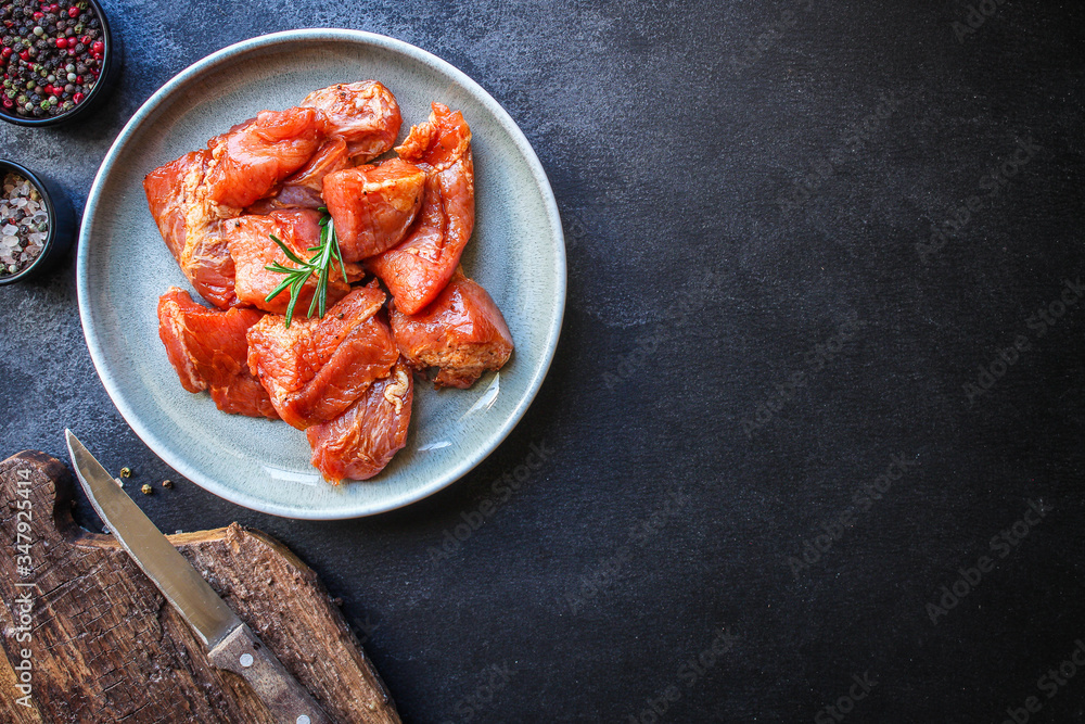 raw meat pork or beef in a plate on the table (preparing healthy food, marinade and spices paprika) menu concept background. top view. copy space for text raw meat pork or beef in a plate on the table (preparing healthy food, marinade and spices paprika) menu concept background. top view. copy space for text