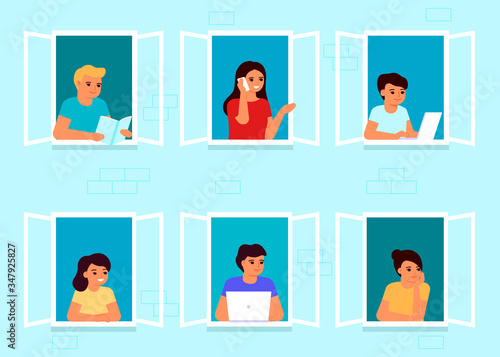 Stay home concept. People neighbors in house. People look out window of apartment. Communication, reading, work, leisure of men, women and kids. Self isolation, quarantine during coronavirus. Vector
