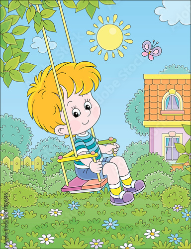 Cheerful small boy swinging with a merry flittering butterfly in a pretty green yard of a summer house in a village on a sunny warm day, vector cartoon illustration