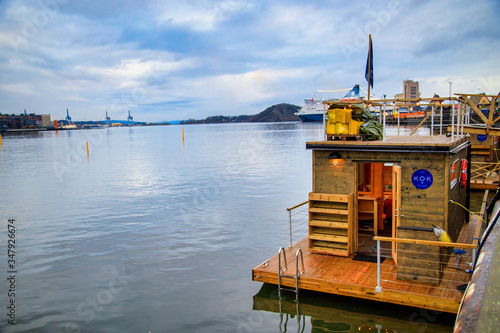 Oslo, Norway - CIRCA 2020: Small wooden sauna house in Oslofjord.