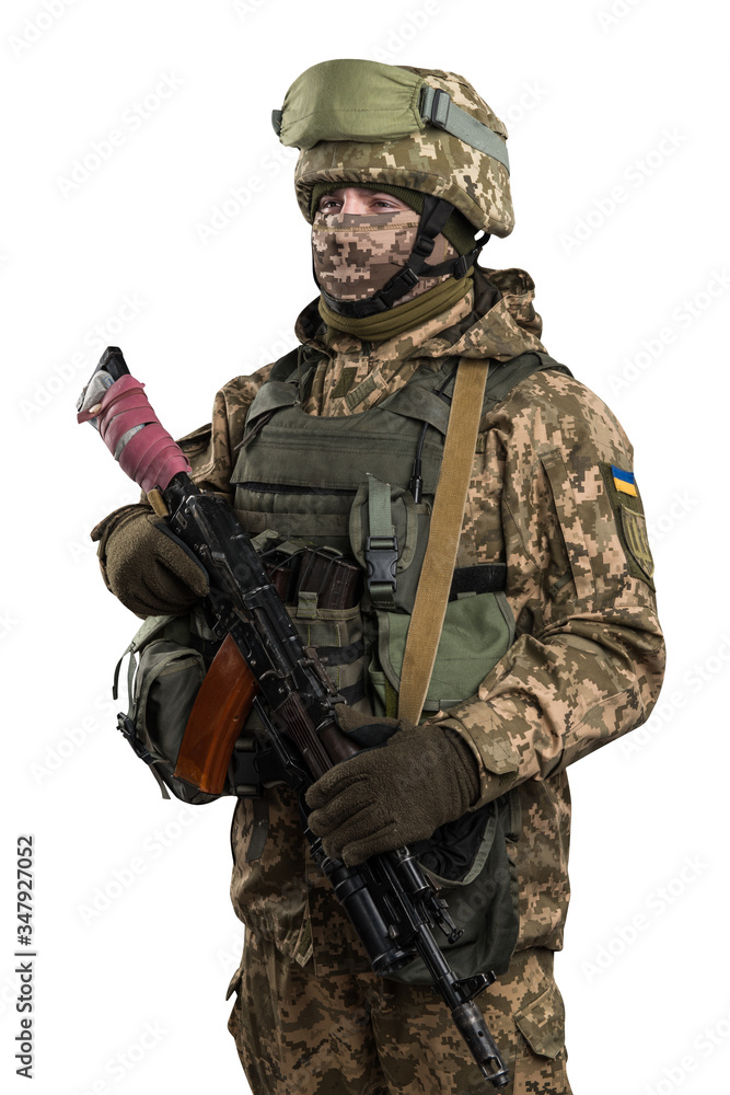 Ukraine officer in mechanized infantry uniform isolated with clipping path on white background. (Flag and arms of Ukraine on the shoulder. Patch on the chest with the inscription Ukraine in Ukrainian) Ukraine officer in mechanized infantry uniform isolated with clipping path on white background. (Flag and arms of Ukraine on the shoulder. Patch on the chest with the inscription Ukraine in Ukrainian)