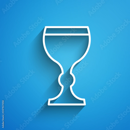 White line Wine glass icon isolated on blue background. Wineglass icon. Goblet symbol. Glassware sign. Happy Easter. Long shadow