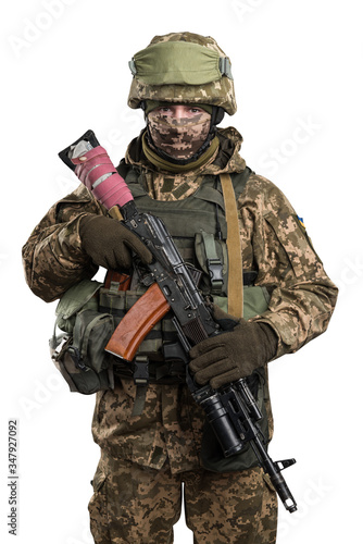 Ukraine officer in mechanized infantry uniform isolated with clipping path on white background.  Flag and arms of Ukraine on the shoulder. Patch on the chest with the inscription Ukraine in Ukrainian 