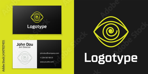 Logotype line Hypnosis icon isolated on black background. Human eye with spiral hypnotic iris. Logo design template element