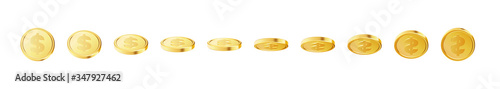 Set of rotating gold coins with dollar currency sign.
