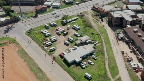 Aerial view of a small minibus taxi rank in Alexandra Township, South Africa.