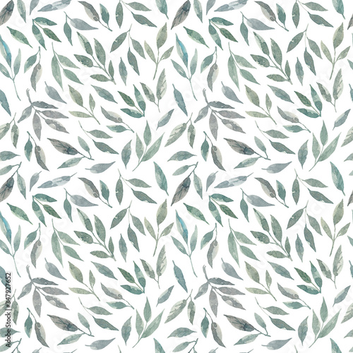 Seamless pattern with watercolor green leaves. Hand drawn illustration. Isolated on white background