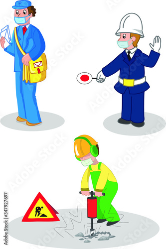 Postman, warden and building contractor, people woth protection masks. Set of illustrated jobs, vector illustration