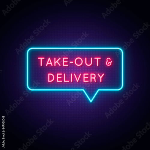Take out and Delivery neon sign. Delivery glowing neon symbol on dark background. Vector illustration.