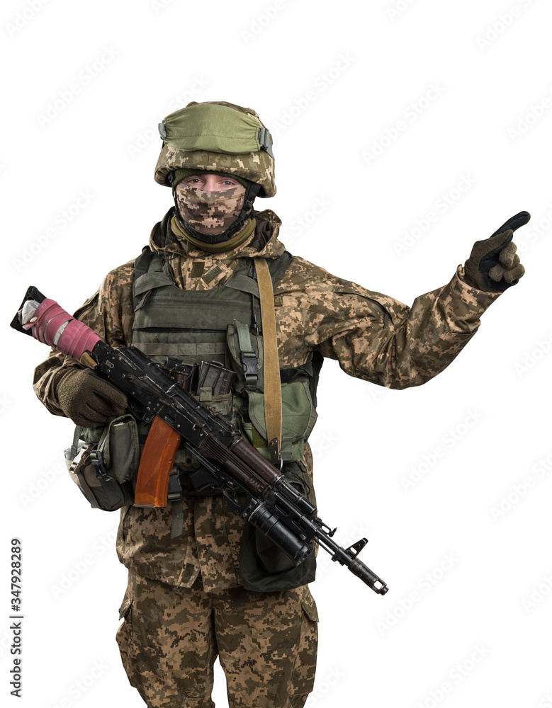 Ukraine officer in mechanized infantry uniform isolated with clipping path on white background. (Flag and arms of Ukraine on the shoulder. Patch on the chest with the inscription Ukraine in Ukrainian)