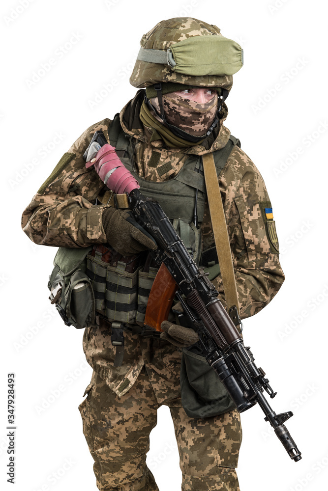 Ukraine officer in mechanized infantry uniform isolated with clipping path on white background. (Flag and arms of Ukraine on the shoulder. Patch on the chest with the inscription Ukraine in Ukrainian) Ukraine officer in mechanized infantry uniform isolated with clipping path on white background. (Flag and arms of Ukraine on the shoulder. Patch on the chest with the inscription Ukraine in Ukrainian)