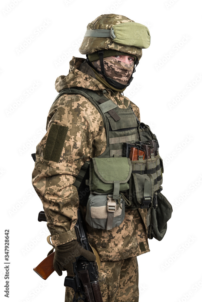 Fototapeta premium Ukraine officer in mechanized infantry uniform isolated with clipping path on white background. (Flag and arms of Ukraine on the shoulder. Patch on the chest with the inscription Ukraine in Ukrainian)