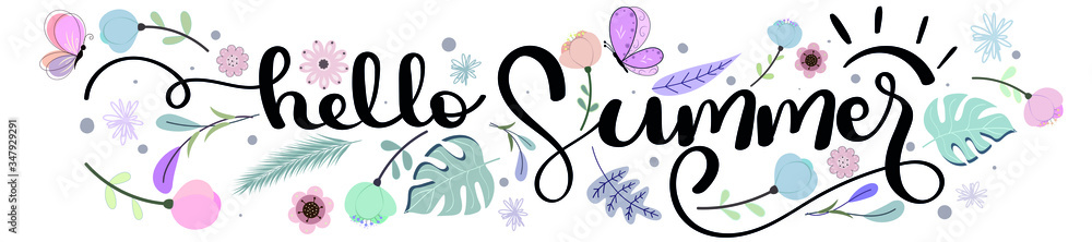Hello Summer. Hello summer hand lettering vector with flowers and leaves. Illustration Welcome summer
 - obrazy, fototapety, plakaty 