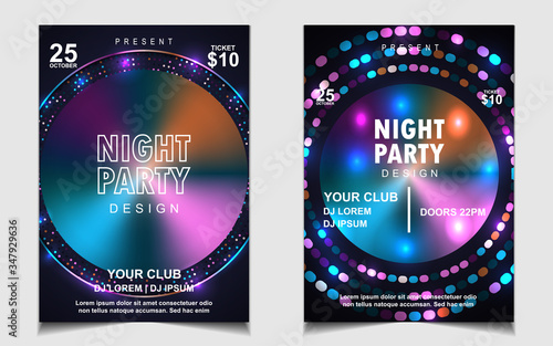 Night dance party music layout cover design template background with colorful dark blue glitters style. Light electro vector for music event concert disco, club invitation, festival poster, flyer