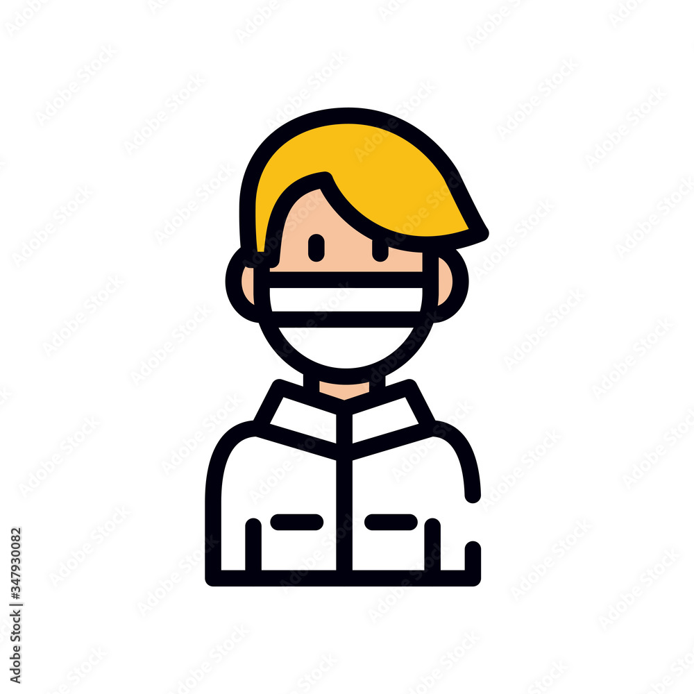 medicine concept, cartoon doctor with mouth mask icon, line and fill style