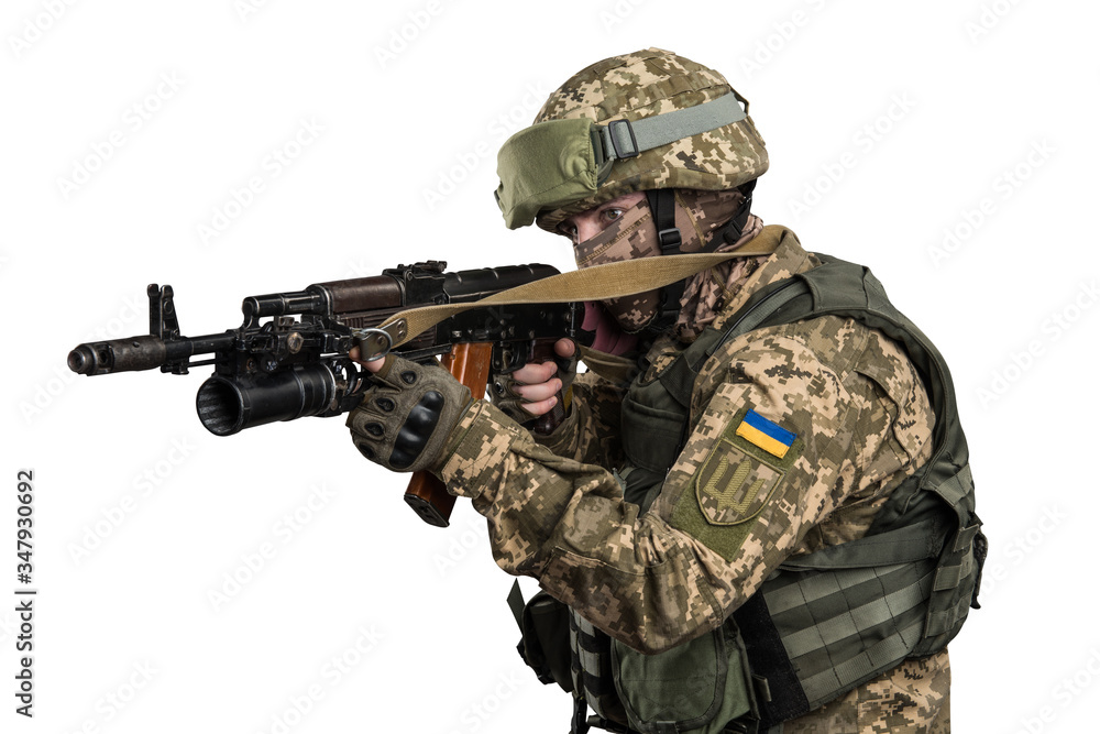 Fototapeta premium Ukraine officer in mechanized infantry uniform isolated with clipping path on white background. (Flag and arms of Ukraine on the shoulder. Patch on the chest with the inscription Ukraine in Ukrainian)