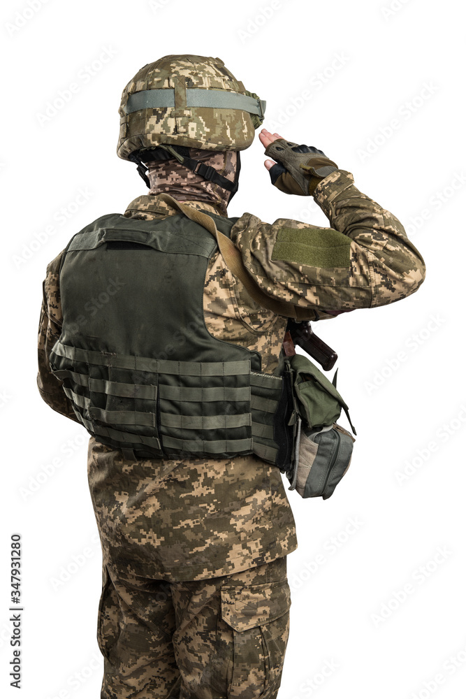 Ukraine officer in mechanized infantry uniform isolated with clipping path on white background. (Flag and arms of Ukraine on the shoulder. Patch on the chest with the inscription Ukraine in Ukrainian) Ukraine officer in mechanized infantry uniform isolated with clipping path on white background. (Flag and arms of Ukraine on the shoulder. Patch on the chest with the inscription Ukraine in Ukrainian)