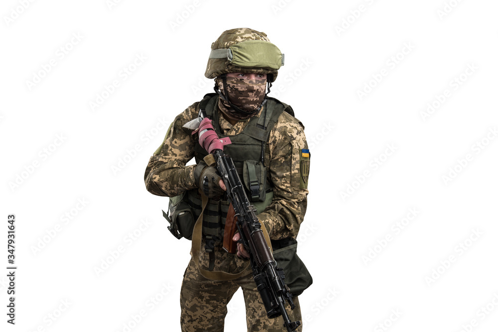 Ukraine officer in mechanized infantry uniform isolated with clipping path on white background. (Flag and arms of Ukraine on the shoulder. Patch on the chest with the inscription Ukraine in Ukrainian) Ukraine officer in mechanized infantry uniform isolated with clipping path on white background. (Flag and arms of Ukraine on the shoulder. Patch on the chest with the inscription Ukraine in Ukrainian)